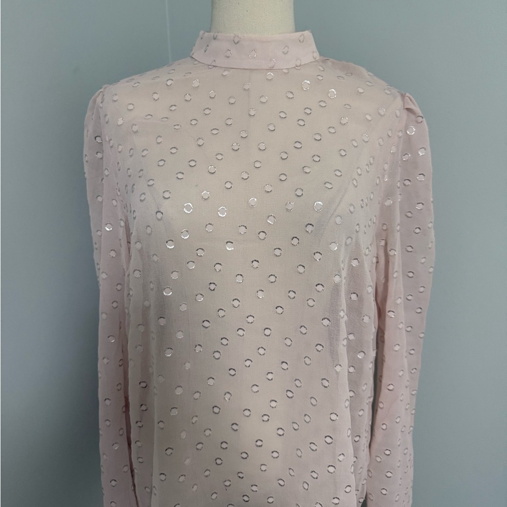Chelsea 28 Sheer Blouse Womens Medium Pink Silver Dot Long Sleeve Dressy Top